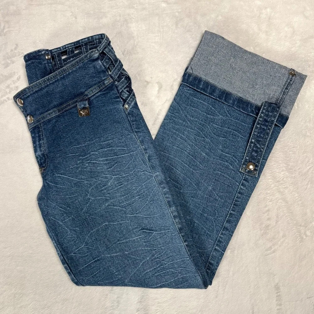 Y2K‎ 90s Cut Out Caged Waist Low Rise Jeans 4 2 Cuffed Convertible Rave Vintage